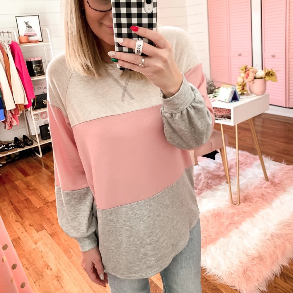 Casual Saturday Grey, Pink, Cream Colorblock Top NWT